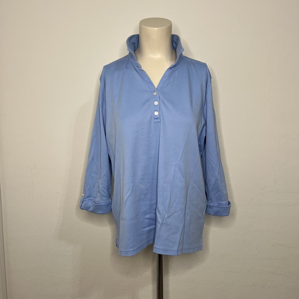 Womens L.L.Bean Three Quarter Sleeve Half Button Light Blue Cotton Polo Shirt XL